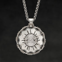 Load image into Gallery viewer, Hanging reverse view of Sterling Silver and 18K Palladium White Gold Accents Sewn Silver Metal Majesty pendant and chain with endless loop necklace featuring Electromagnetic Field by Caps Brothers