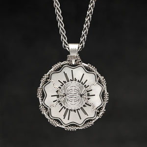 Hanging reverse view of Sterling Silver and 18K Palladium White Gold Accents Sewn Silver Metal Majesty pendant and chain with endless loop necklace featuring Electromagnetic Field by Caps Brothers