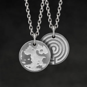 Hanging view of Platinum 950 Journey pendant and chain with endless loop necklace featuring the Map of Humanity as outward journey and labyrinth as inward journey by Caps Brothers