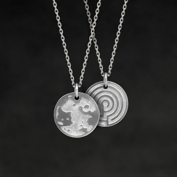 Hanging view of Platinum 950 Journey pendant and chain with endless loop necklace featuring the Map of Humanity as outward journey and labyrinth as inward journey by Caps Brothers
