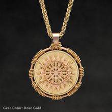 Load image into Gallery viewer, Hanging front view of 18K Yellow Gold Sewn Gold Metal Sun pendant with alternate 18K Rose Gold Gear and 18K yellow gold chain with endless loop necklace featuring 20 pointed gear by Caps Brothers