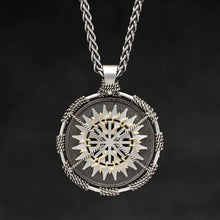 Load image into Gallery viewer, Hanging front view of Sterling Silver and 18K Yellow Gold Accents Sewn Silver Metal Sun pendant and chain with endless loop necklace featuring 20 pointed gear by Caps Brothers