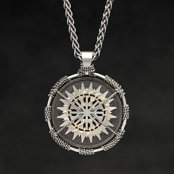 Hanging front view of Sterling Silver and 18K Yellow Gold Accents Sewn Silver Metal Sun pendant and chain with endless loop necklace featuring 20 pointed gear by Caps Brothers