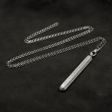 Load image into Gallery viewer, Laying down Code of Consciousness hexagonal sterling silver pendant and chain with endless loop necklace featuring Dashless Morse Code by Caps Brothers
