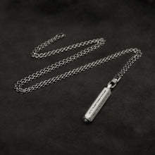 Load image into Gallery viewer, Laying down Code of Gratitude hexagonal sterling silver pendant and chain with endless loop necklace featuring ASCII Rays Code by Caps Brothers