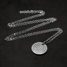 Load image into Gallery viewer, Laying down Platinum 950 Journey pendant and chain with endless loop necklace featuring labyrinth as inward journey by Caps Brothers