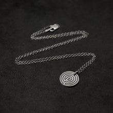 Load image into Gallery viewer, Laying down Sterling Silver Journey pendant and chain necklace with clasp featuring labyrinth as inward journey by Caps Brothers