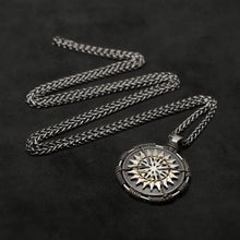 Load image into Gallery viewer, Laying down view of Sterling Silver and 18K Yellow Gold Accents Sewn Silver Metal Sun pendant and chain with endless loop necklace featuring 20 pointed gear by Caps Brothers