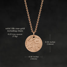 Load image into Gallery viewer, Weights and measures and schematic drawing of 18K Rose Gold Journey pendant and chain necklace featuring the Map of Humanity as outward journey by Caps Brothers