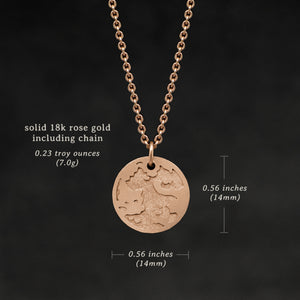 Weights and measures and schematic drawing of 18K Rose Gold Journey pendant and chain necklace featuring the Map of Humanity as outward journey by Caps Brothers