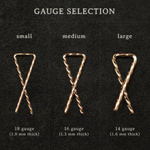 Load image into Gallery viewer, Gauge selection for 18K Rose Gold Sibling Ribbons Twisted Earrings representing we are all brothers and sisters by Caps Brothers