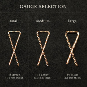 Gauge selection for 18K Rose Gold Sibling Ribbons Twisted Earrings representing we are all brothers and sisters by Caps Brothers