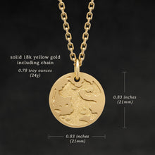 Load image into Gallery viewer, Weights and measures and schematic drawing of 18K Yellow Gold Journey pendant and chain with endless loop necklace featuring the Map of Humanity as outward journey by Caps Brothers