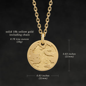 Weights and measures and schematic drawing of 18K Yellow Gold Journey pendant and chain with endless loop necklace featuring the Map of Humanity as outward journey by Caps Brothers