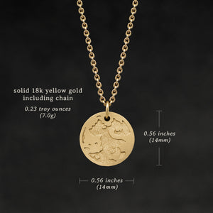 Weights and measures and schematic drawing of 18K Yellow Gold Journey pendant and chain necklace featuring the Map of Humanity as outward journey by Caps Brothers