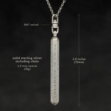 Load image into Gallery viewer, Weights and measures and schematic drawing of Code of Consciousness hexagonal sterling silver pendant and chain with endless loop necklace featuring Dashless Morse Code by Caps Brothers