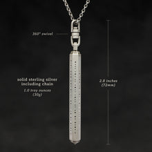 Load image into Gallery viewer, Weights and measures and schematic drawing of Code of Consciousness hexagonal sterling silver pendant and chain with endless loop necklace featuring Dashless Morse Code by Caps Brothers