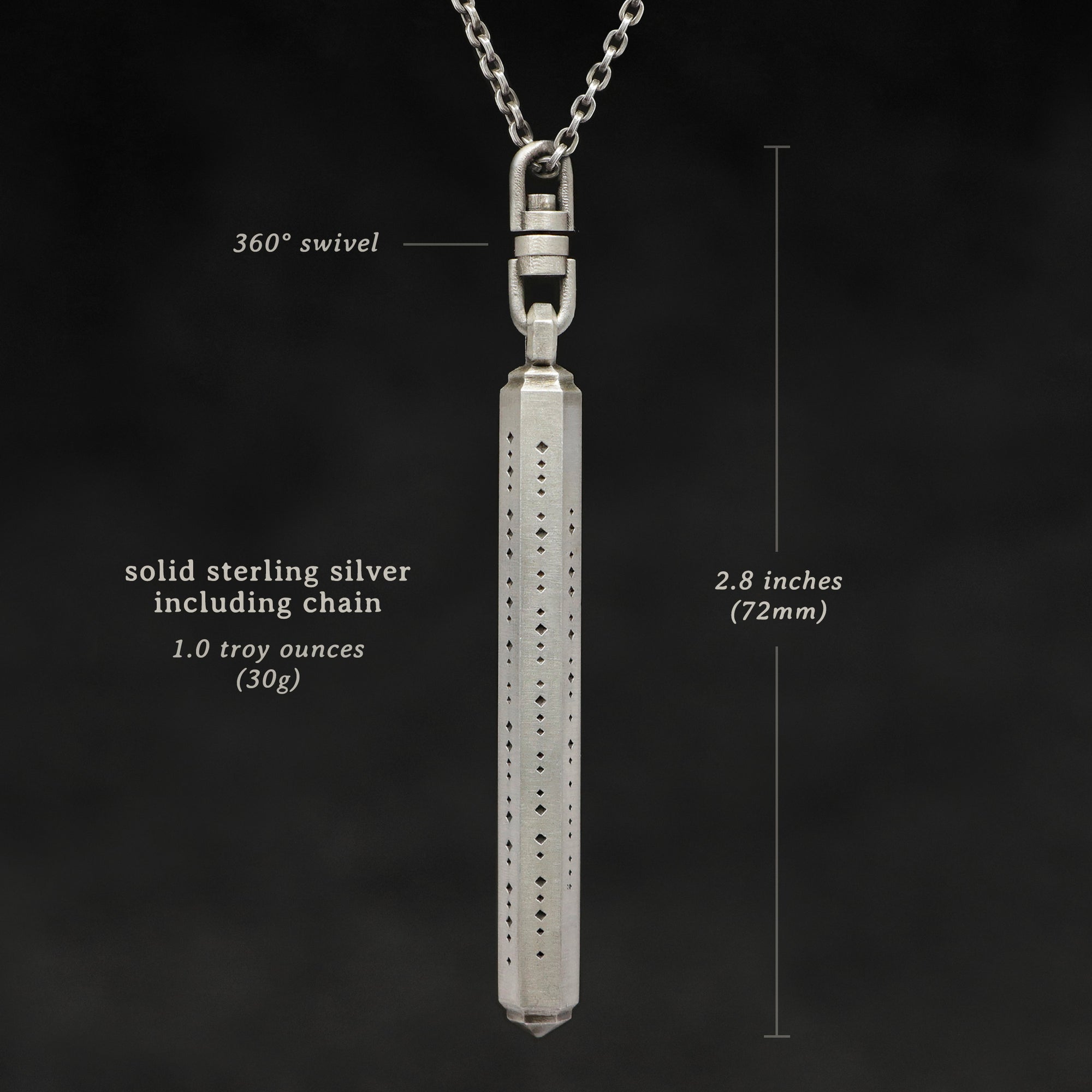 Weights and measures and schematic drawing of Code of Consciousness hexagonal sterling silver pendant and chain with endless loop necklace featuring Dashless Morse Code by Caps Brothers