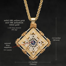 Load image into Gallery viewer, Weights and measures and schematic drawing of 18K Yellow Gold and 18K Palladium White Gold and Sapphire Sewn Gold Metal Confidence pendant and chain with endless loop necklace featuring 4 pointed gear by Caps Brothers