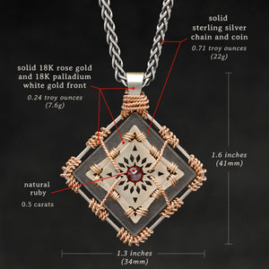 Weights and measures and schematic drawing of 18K Rose Gold and 18K Palladium White Gold and Sterling Silver and Ruby Sewn Gold Metal Confidence pendant and chain with endless loop necklace featuring 4 pointed gear by Caps Brothers
