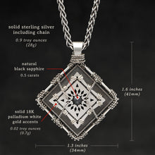 Load image into Gallery viewer, Weights and measures and schematic drawing of Sterling Silver and 18K Palladium White Gold Accents and Black Sapphire Sewn Silver Metal Confidence pendant and chain with endless loop necklace featuring 4 pointed gear by Caps Brothers