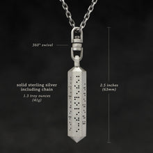 Load image into Gallery viewer, Weights and measures and schematic drawing of Code of Friendship hexagonal sterling silver pendant and chain with endless loop necklace featuring Inverted Braille by Caps Brothers