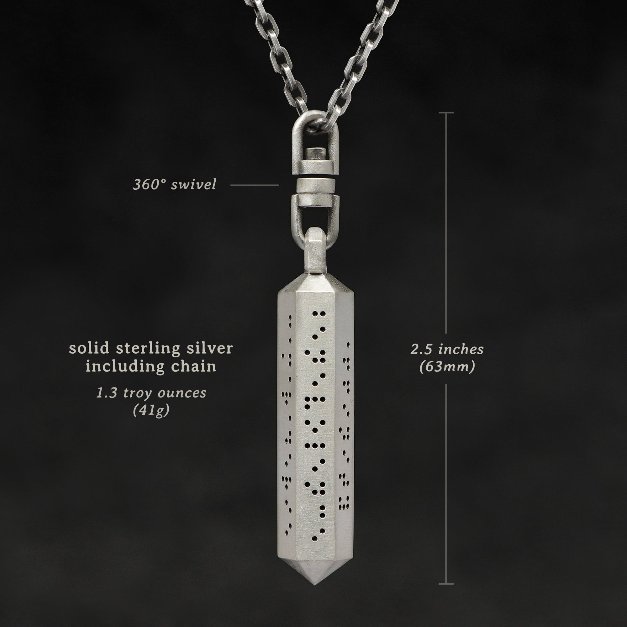 Weights and measures and schematic drawing of Code of Friendship hexagonal sterling silver pendant and chain with endless loop necklace featuring Inverted Braille by Caps Brothers