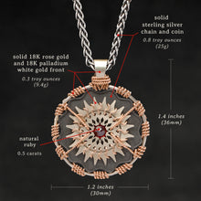 Load image into Gallery viewer, Weights and measures and schematic drawing of 18K Rose Gold and 18K Palladium White Gold and Sterling Silver and Ruby Sewn Gold Metal Majesty pendant and chain with endless loop necklace featuring 20 pointed gear by Caps Brothers