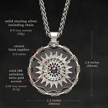Load image into Gallery viewer, Weights and measures and schematic drawing of Sterling Silver and 18K Palladium White Gold Accents and Black Sapphire Sewn Silver Metal Majesty pendant and chain with endless loop necklace featuring 20 pointed gear by Caps Brothers