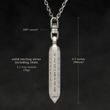 Load image into Gallery viewer, Weights and measures and schematic drawing of Code of Power hexagonal sterling silver pendant and chain with endless loop necklace featuring Abbreviated Roman Letter Numerals Code by Caps Brothers