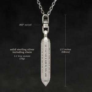 Weights and measures and schematic drawing of Code of Power hexagonal sterling silver pendant and chain with endless loop necklace featuring Abbreviated Roman Letter Numerals Code by Caps Brothers