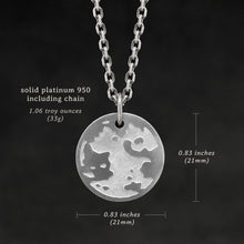 Load image into Gallery viewer, Weights and measures and schematic drawing of Platinum 950 Journey pendant and chain with endless loop necklace featuring the Map of Humanity as outward journey by Caps Brothers