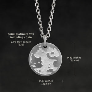 Weights and measures and schematic drawing of Platinum 950 Journey pendant and chain with endless loop necklace featuring the Map of Humanity as outward journey by Caps Brothers