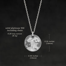 Load image into Gallery viewer, Weights and measures and schematic drawing of Platinum 950 Journey pendant and chain with endless loop necklace featuring the Map of Humanity as outward journey by Caps Brothers