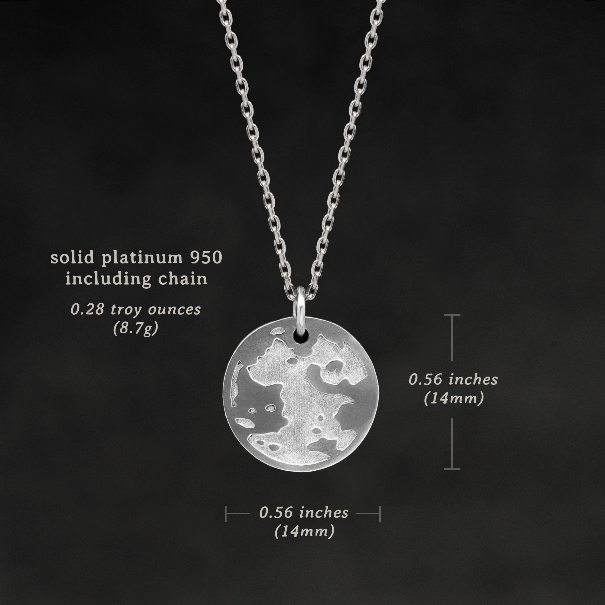 Weights and measures and schematic drawing of Platinum 950 Journey pendant and chain with endless loop necklace featuring the Map of Humanity as outward journey by Caps Brothers