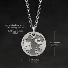 Load image into Gallery viewer, Weights and measures and schematic drawing of Platinum Sterling Silver pendant and chain with endless loop necklace featuring the Map of Humanity as outward journey by Caps Brothers