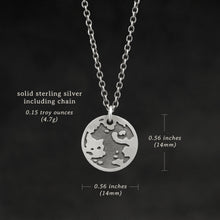 Load image into Gallery viewer, Weights and measures and schematic drawing of Sterling Silver Journey pendant and chain necklace featuring the Map of Humanity as outward journey by Caps Brothers