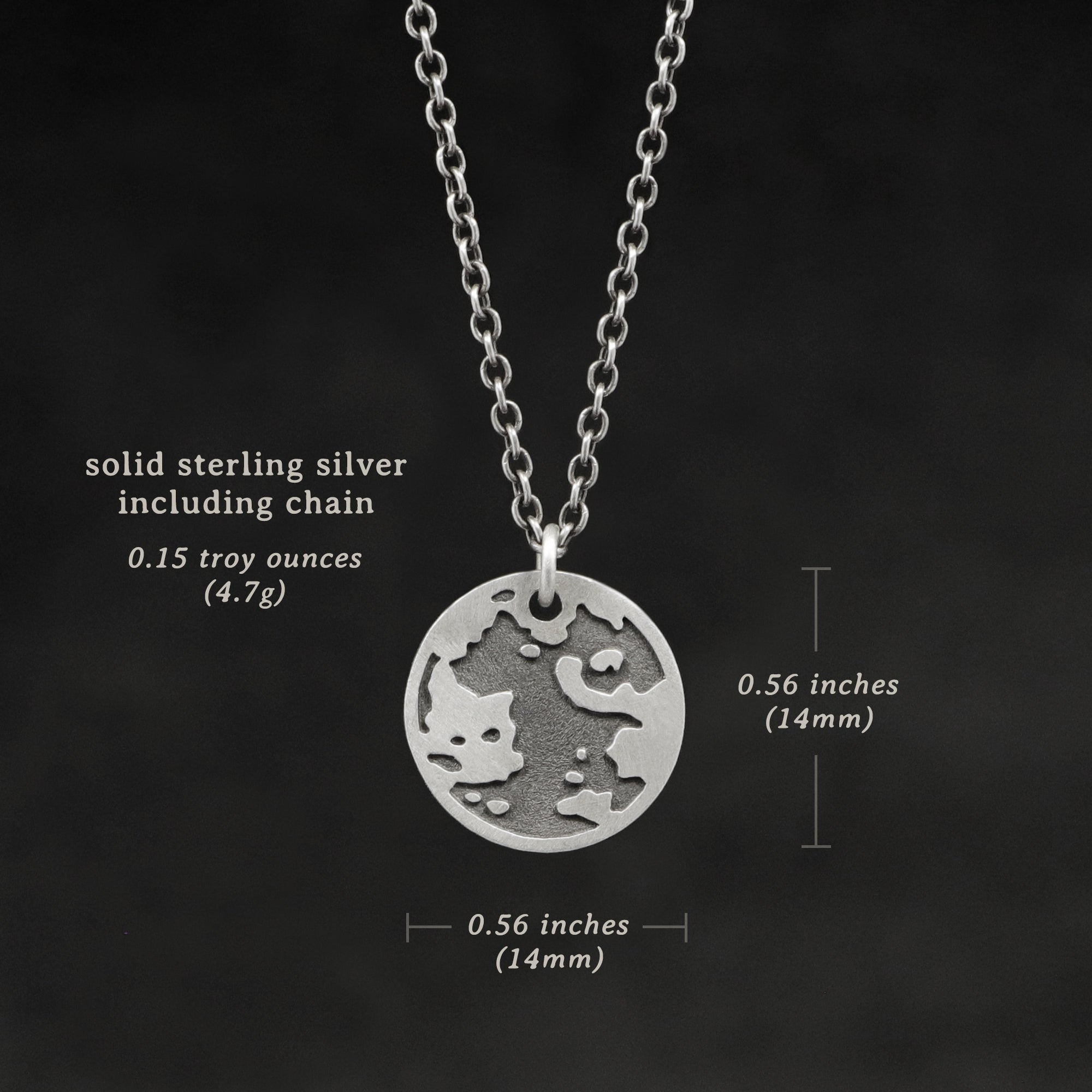 Weights and measures and schematic drawing of Sterling Silver Journey pendant and chain necklace featuring the Map of Humanity as outward journey by Caps Brothers