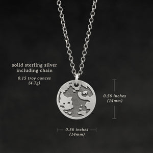 Weights and measures and schematic drawing of Sterling Silver Journey pendant and chain necklace featuring the Map of Humanity as outward journey by Caps Brothers