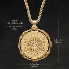 Load image into Gallery viewer, Weights and measures and schematic drawing of 18K Yellow Gold Sewn Gold Metal Sun pendant and chain with endless loop necklace featuring 20 pointed gear by Caps Brothers