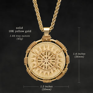 Weights and measures and schematic drawing of 18K Yellow Gold Sewn Gold Metal Sun pendant and chain with endless loop necklace featuring 20 pointed gear by Caps Brothers