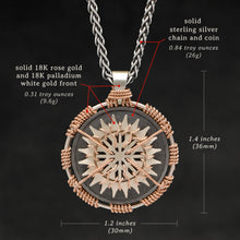 Load image into Gallery viewer, Weights and measures and schematic drawing of 18K Rose Gold and 18K Palladium White Gold and Sterling Silver Sewn Silver Metal Sun pendant and chain with endless loop necklace featuring 20 pointed gear by Caps Brothers