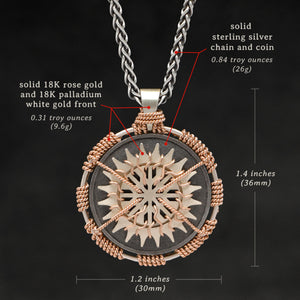 Weights and measures and schematic drawing of 18K Rose Gold and 18K Palladium White Gold and Sterling Silver Sewn Silver Metal Sun pendant and chain with endless loop necklace featuring 20 pointed gear by Caps Brothers
