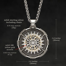 Load image into Gallery viewer, Weights and measures and schematic drawing of Sterling Silver and 18K Yellow Gold Accents Sewn Silver Metal Sun pendant and chain with endless loop necklace featuring 20 pointed gear by Caps Brothers