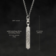Load image into Gallery viewer, Weights and measures and schematic drawing of Code of Wisdom hexagonal sterling silver pendant and chain with endless loop necklace featuring Binary Code by Caps Brothers
