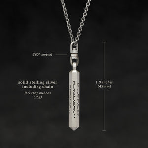 Weights and measures and schematic drawing of Code of Wisdom hexagonal sterling silver pendant and chain with endless loop necklace featuring Binary Code by Caps Brothers