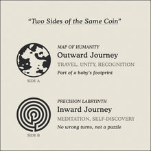 Load image into Gallery viewer, Translation Card for Journey necklace featuring the Map of Humanity as outward journey and labyrinth as inward journey by Caps Brothers