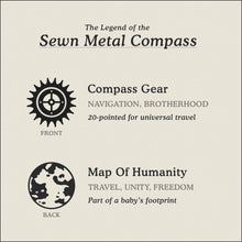 Load image into Gallery viewer, Translation Card for Sewn Metal Compass necklace featuring 20 pointed gear and Map of Humanity by Caps Brothers