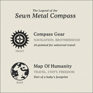 Translation Card for Sewn Metal Compass necklace featuring 20 pointed gear and Map of Humanity by Caps Brothers