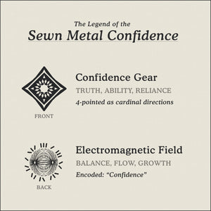 Translation Card for Sewn Metal Confidence necklace featuring 4 pointed gear and Electromagnetic Field by Caps Brothers